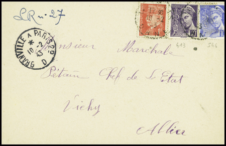 N°514 + 413 + 546 obl. Dans l'Orne (1943) sur lettre recommandée d'office pour le Maréchal Pétain avec CAD d'ambulant de nuit "Granville à Paris 2°D"