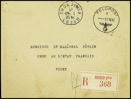 Lettre en franchise avec CAD "Feldpost" (1942) + CAD "Brest Finistère" recommandée d'office pour le Maréchal Pétain à Vichy. Rare et TB