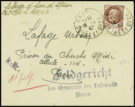 N°517 obl Chatou (1942) sur lettre adressée à un Français à la prison du Cherche Midi à Paris avec griffe noire "Feldgericht des Generals der Luftwaffe Paris". TB