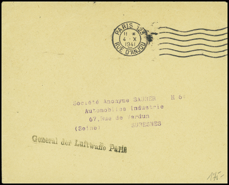Lettre en franchise avec obl. Mec "Pparis 123 rue d'Anjou" (1941) + griffe noire "General der Luftwaffe Paris". TB