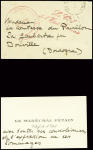 Petite lettre en franchise de Vichy (1941) avec cursive rouge "Le chef de l'Etat Français" + carte de visite "Le Maréchal Pétain chef de l'Etat" avec 3 lignes manuscrites. TB