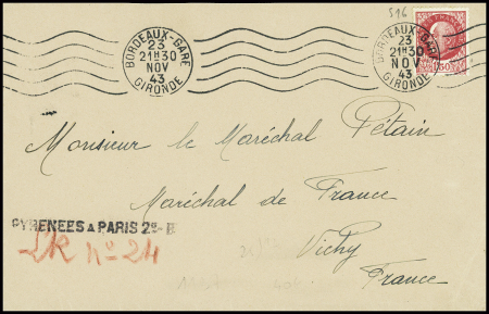 N°516 obl Bordeaux-Gare (1943) sur lettre avec rare recommandation d'office linéaire d'ambulant "Pyrénées à Paris 2° B" pour le Maréchal Pétain à Vichy. RR et TB