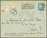 Belgique n°430 obl. Mec Bruxelles (1943) sur lettre recommandée d'office à Paris gare de l'Est pour le maréchal Pétain. RR et TB