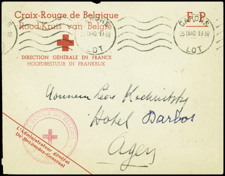 Lettre en franchise avec en-tête rouge bilingue "Croix Rouge de Belgique Direction générale en France" obl mec "Cahors Lot" (26.9.40). TB
