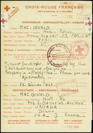 Message Croix Rouge d'une américaine à Paris pour les USA (1943). TB