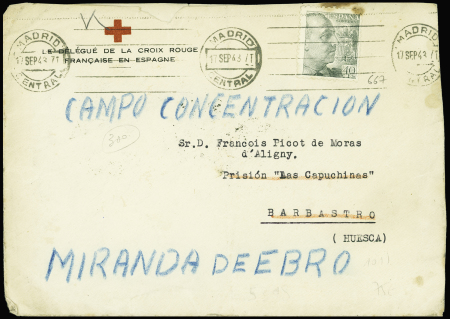 Espagne n°667 obl. Madrid (1943) sur lettre à en-tête "Délégué de la Croix Rouge française en Espagne" adressée à un français au camp de concentration de Miranda de Ebro. TB