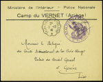 Lettre en franchise à en-tête "Ministère de l'intérieur - Police nationale Camp du Vernet (Ariège) + CAD convoyeur-ligne "Ax les thermes à Toulouse" (1941) + cachet violet