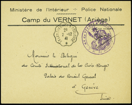 Lettre en franchise à en-tête "Ministère de l'intérieur - Police nationale Camp du Vernet (Ariège) + CAD convoyeur-ligne "Ax les thermes à Toulouse" (1941) + cachet violet
