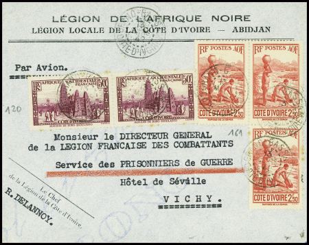 N°120 en paire + 161, 3 pièces obl Grand Bassam (1942) sur lettre pour Vichy à en-tête "Légion de l'Afrique noire légion locale de la Cote d'Ivoire - Abidjan". Rare et TB