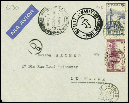 Côte d'Ivoire obl. Abidjan (1940) sur lettre censurée par avion avec cachet noir "Hopital maritime Port Bouet". TB