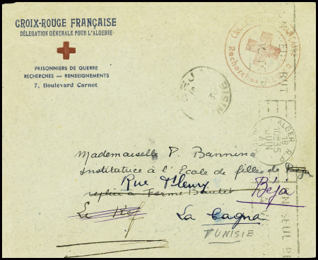 Lettre en franchise d'Alger (1943) à en-tête avec "Croix Rouge française délégation générale pour l'Algérie prisonniers de guerre recherches - renseignements 7 boulevard Carnot"