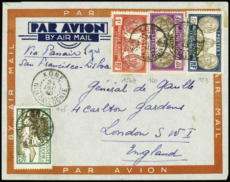 Nouvelle Calédonie n°154A + 159 + 160 + 146 obl. Kone (dec 1940) sur lettre par avion pour le Général de Gaulle à Londres avec au verso griffe violette "Comité de Gaulle Kone". TB