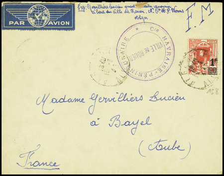 Algérie n°158 obl. Alger (mai 1940) sur lettre en FM par avion avec cachet violet "Cie havraise péninsulaire - Ville de Rouen". TB