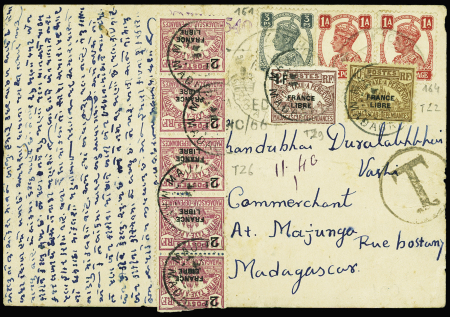 Inde anglaise n°161 + 164 en paire sur carte postale pour Majunga avec Madagascar timbres taxe n°22 + 26, bande de 5 + 29. TB