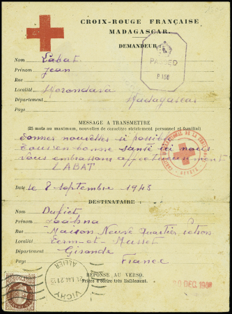 Message Croix Rouge local à en-tête "Croix Rouge française Madagascar" de Morondava pour Lerm et Musset (Gironde) AFF n°517 obl. Vichy. RR et TB