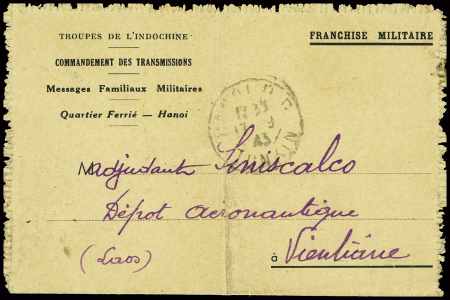 Carte lettre à en-tête "Troupes de l'Indochine messages familiaux militaires quartier Ferrié - Hanoï" avec CAD Hanoï RP (1943) pour Vientiane avec un message radio venant de Tunisie