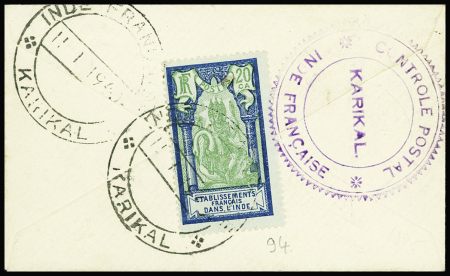 Inde française n°94 obl. Karikal (1940) sur une petite lettre avec cachet violet "Contrôle postal - Karikal - Inde Française". RR et TB