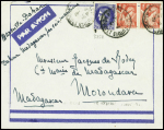 N°375A + 433, 2 pièces obl. St Bauzille en Putois Hérault (1942) sur lettre par avion pour Morondava (Madagascar) avec mention manuscrite "Par avion Marseille-Dakar"