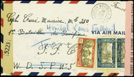 Nouvelle Calédonie n°152 en paire + 161 obl. Noumea (1944) sur lettre avec bande rose "Ouvert par la censure - Nouvelle Calédonie" adressée à un soldat du bataillon du Pacifique au Levant