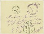 Lettre en FM de Fréjus pour Madagascar avec cachet violet "Hopital militaire de Fréjus - le vaguemestre" + grand cachet hexagonal noir "saisi par l'autorité militaire". TB