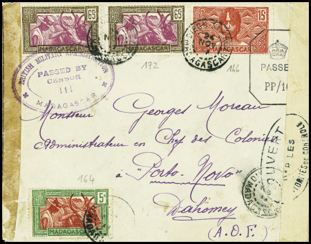 Madagascar n°172, 2 pièces + 166 + 164 obl. Diego-Suarez (1943) sur lettre avec double censure dont cachet ovale violet "British military administration passed by censor III Madagar"
