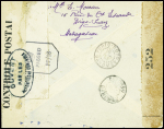 Madagascar n°172, 2 pièces + 166 + 164 obl. Diego-Suarez (1943) sur lettre avec double censure dont cachet ovale violet "British military administration passed by censor III Madagar"