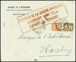 Indochine n°157 + 160 obl. Hué Annam (1940) sur lettre avec grand cachet rect rouge "Courrier de la banque privilégiée à expédier sans délai exempt de censure". TB