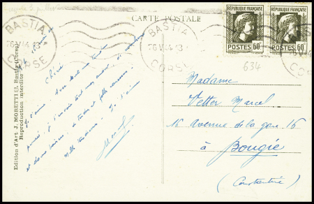 N°634, 60c sépia Marianne de Fernez obl. Bastia (mai 1944) sur carte postale. TB