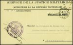 Lettre en franchise à en-tête "Service de la justice militaire - Ministère de la défense militaire + cachet violet avec armoiries belges "Conseil de guerre en campagne Vie CA" + CAD