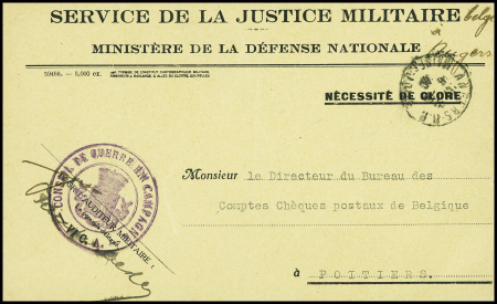 Lettre en franchise à en-tête "Service de la justice militaire - Ministère de la défense militaire + cachet violet avec armoiries belges "Conseil de guerre en campagne Vie CA" + CAD
