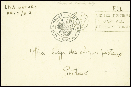 Lettre en franchise avec obl mec "Poitiers RP Vienne" (9.6.1940) + cahet noir avec armoiries belges "Armée belge service de réception MDN" (ministère belge de la Défense Nationale belge)