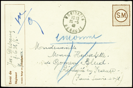 Enveloppe "FM" belge avec simili-timbre bistre "SM" et CAD "Montbazin Hérault" (30.5.40) (troupes belges repliées dans l'Hérault). TB