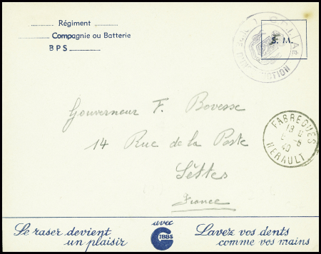 Enveloppe belge "SM" avec pub dentifrice Gibbs avec CAD "Fabrègues Hérault" (8.6.1940) (troupes belges repliées dans l'Hérault). TB