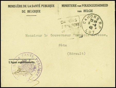 Lettre en franchise avec en-tête bilingue "Ministère de la santé de Belgique" + cachet violet avec armoiries belges "Ministère de la santé publique" et CAD "Cahors RP Lot" (8.6.40)