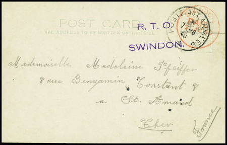 Post Card d'un Français évacué de Dunkerque avec CAD rouge "Swindon paid 2.6.1940" + griffe violette "RTO Swindon" + CAD "Poste aux armées" (7.6.40), texte