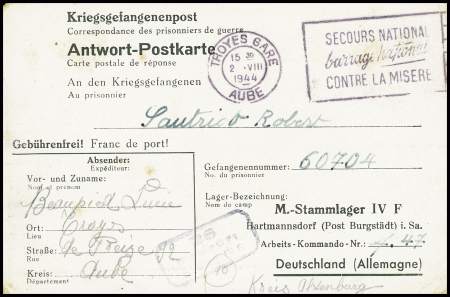 Postkarte réponse du Stalag IVF avec obl. mec "troyes gare Aube" (2.8.1944) avec flamme encadrée "Secours national barrage national contre la misère". TB