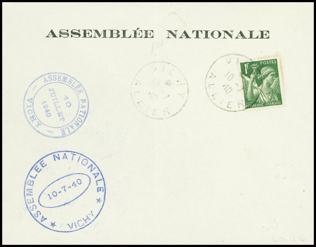 N°432 obl. Vichy (10.7.40) sur env sans adresse avec 2 cachets bleus différents "assemblée nationale Vichy 10.7.40". TB