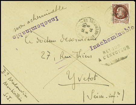 N°517 obl. Montivilliers Seine Inférieure" (9.6.44) pour Yvetot avec griffe violette "Inacheminable" (débarquement de Normandie). TB