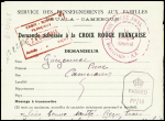 Rare message Croix Rouge à en-tête "Service des renseignements aux famille - Duala Cameroun" avec divers cachets dont cachet rond noir "Afrique française libre 2ème Bureau"