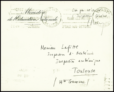 Lettre en franchise à en-tête "Ministère de l'éducation nationale" et obl. mec "Vichy Allier" (19.7.40 - début du régime de Vichy). TB