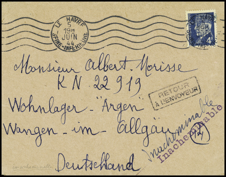 N°531A obl Le Havre (5 juin 1944 - veille du débarquement de Normandie) sur lettre pour un travailleur en Allemagne avec griffe violette "Inacheminable". TB