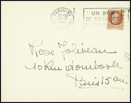 N°517 obl. "Paris XV rue d'Alleray" (28.8.1944) sur lettre (jour de reprise du service postal après la Libération de Paris). TB