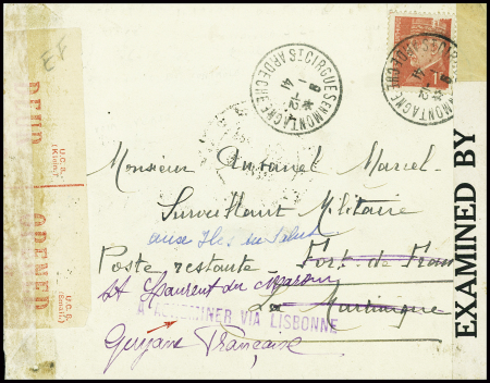 N°514 obl. St Cirgues en Montagne Ardèche" (1.12.41) sur lettre pour Fort de France (Martinique) réexpédiée à Saint Laurent du Maroni (Guyane) avec censures hollandaise et anglaise