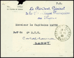 Lettre avec CAD "Rabat Résidence Maroc" (23.9.40) + franchise administrative "Le Résident Général de la République française au Maroc" et carte de visite du Général Noguès
