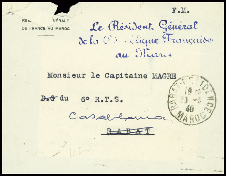 Lettre avec CAD "Rabat Résidence Maroc" (23.9.40) + franchise administrative "Le Résident Général de la République française au Maroc" et carte de visite du Général Noguès