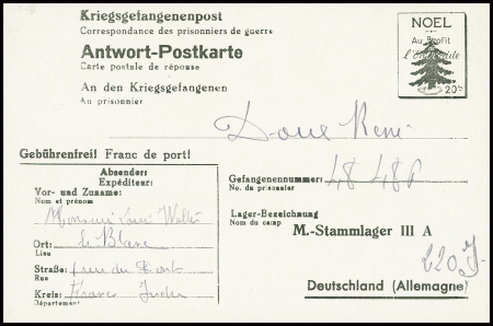 Entier carte postale avec réponse du Stalag IIIA avec 2 figurines 20F sapin de Noël (catalogue Storch - Françon - Sinais 2005 n°J4). Rare et TB