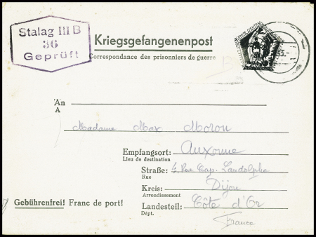 Entier formule du stalag IIIB avec figurine hexagonale tête de prisonnier (14 juillet 1943) (J7) obl. TB