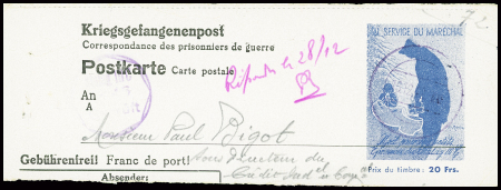 Grand fragment d'entier carte postale du stalag IIIC avec figurine 20F bleu (J11) "Au service du maréchal" obl dec 1943 (J9). TB