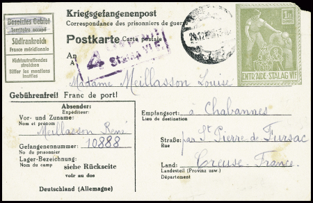 Entier carte postale du stalag VIF avec figurine 1RM gris-vert obl (1943) - (J20) obl., petit défaut d'angle sinon TB