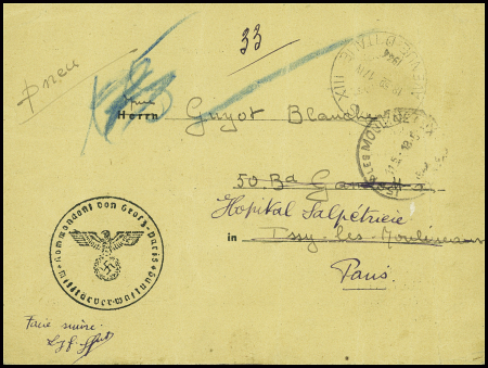 Postkarte du Kommandant von Gross Paris avec cachet rect violet "Deutsche Vermittlungsstelle Paris XIII 16 avenue d'Italie" adressée en pneumatique